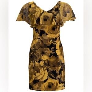 Connected Apparel Yellow and Black Floral Midi Dress